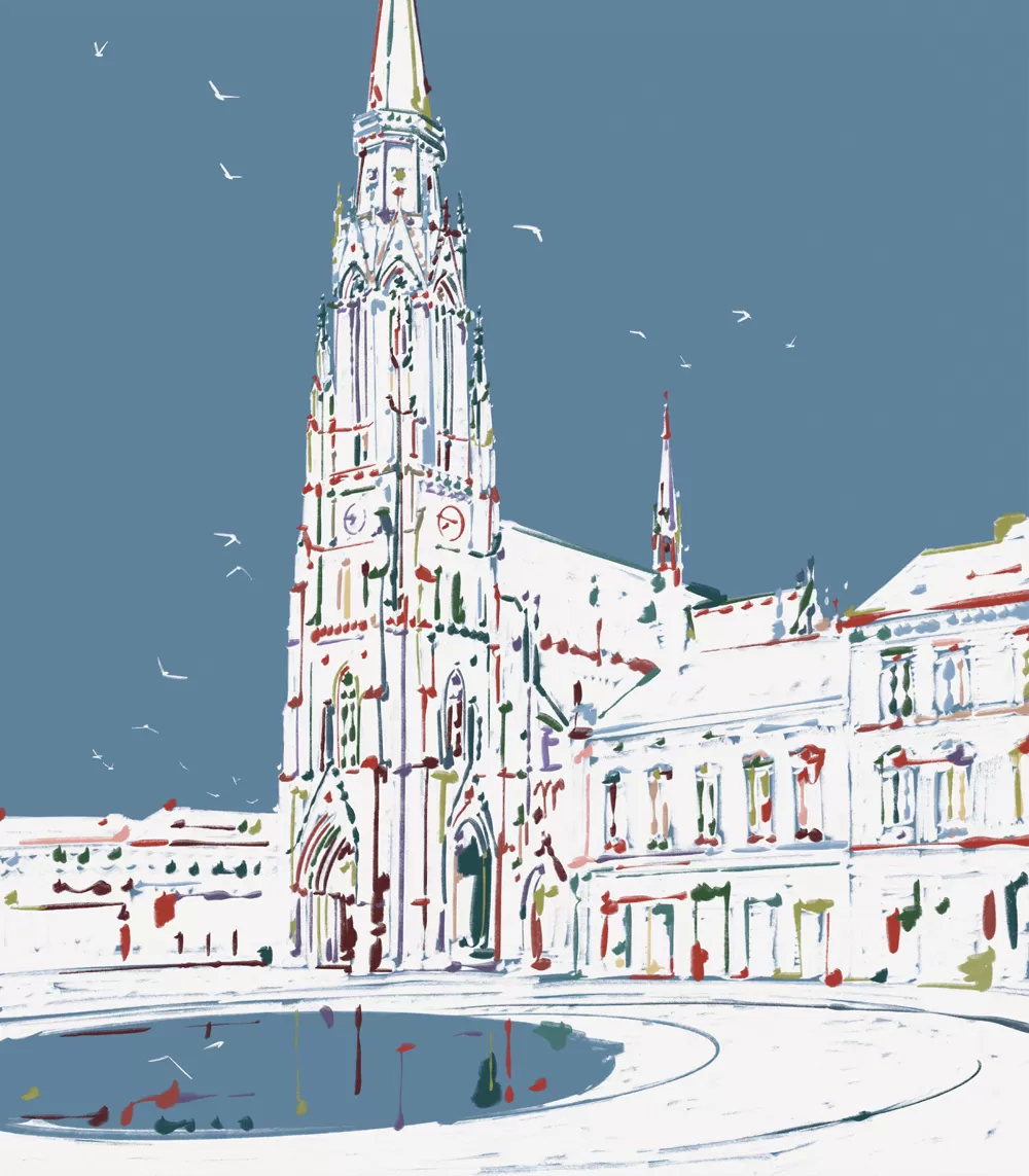 Poster s ilustracijom grada Osijeka, konkatedrala i trg